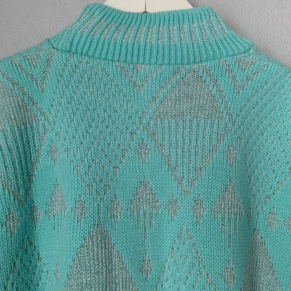 VINTAGE Mint Blue Christmas Ski Sweater Silver Winter Holiday Sweater Sparkly - Picture 4 of 12